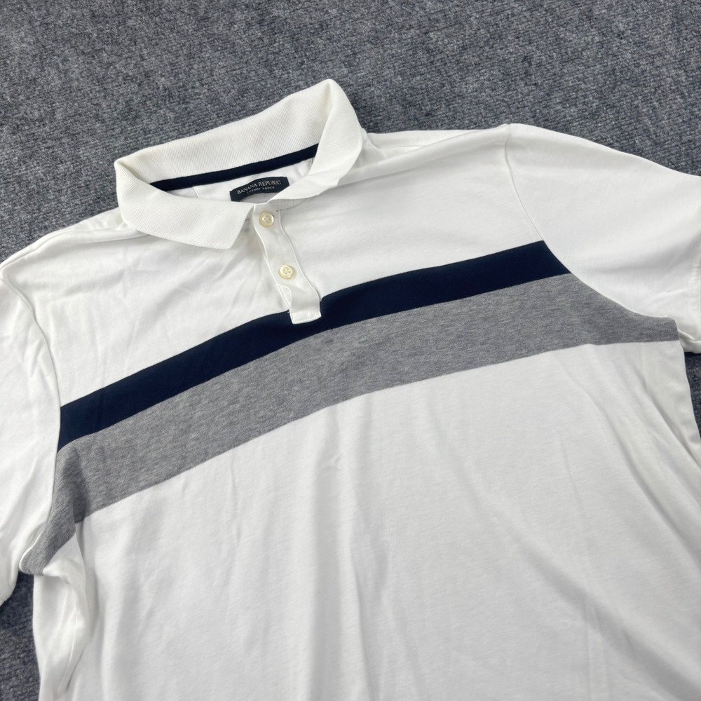 Banana Republic Polo Shirt XL White Striped Luxury Touch Standard Fit Mens